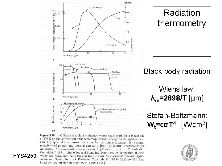 Radiation thermometry Black body radiation Wiens law: λm=2898/T [μm] Stefan-Boltzmann: Wt=εσT 4 [W/cm 2]