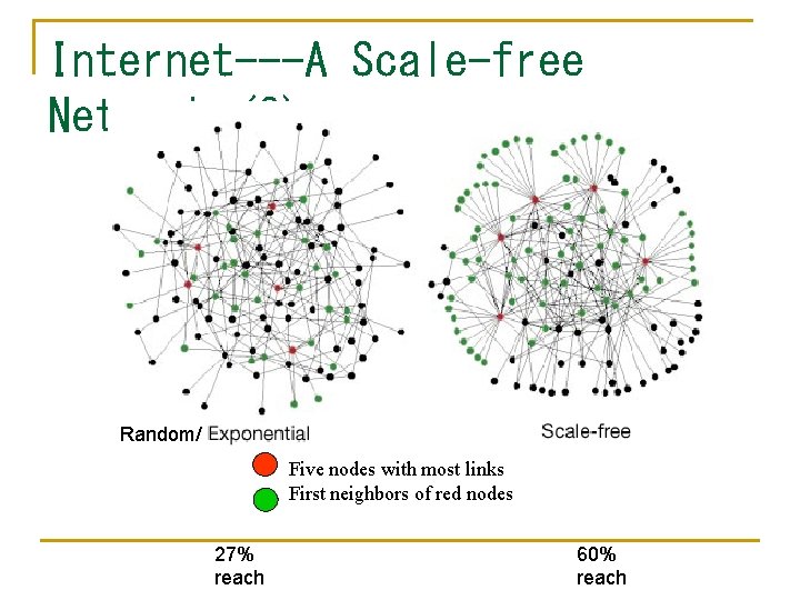 Internet---A Scale-free Network (2) Random/ Five nodes with most links First neighbors of red