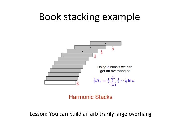 Book stacking example Lesson: You can build an arbitrarily large overhang 