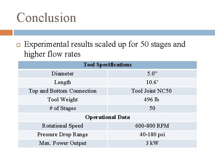 Conclusion Experimental results scaled up for 50 stages and higher flow rates Tool Specifications