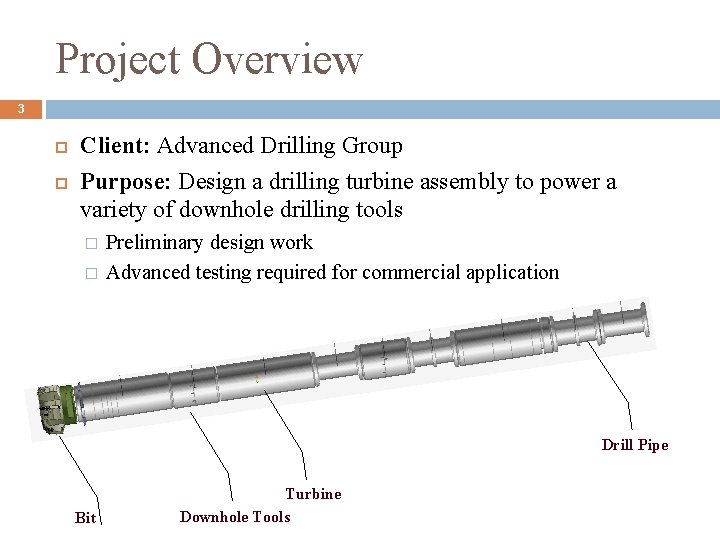 Project Overview 3 Client: Advanced Drilling Group Purpose: Design a drilling turbine assembly to