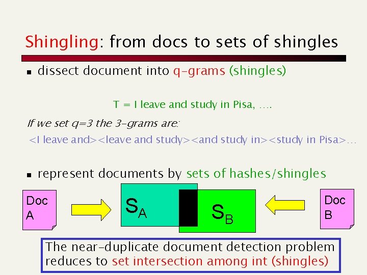 Shingling: from docs to sets of shingles n dissect document into q-grams (shingles) T