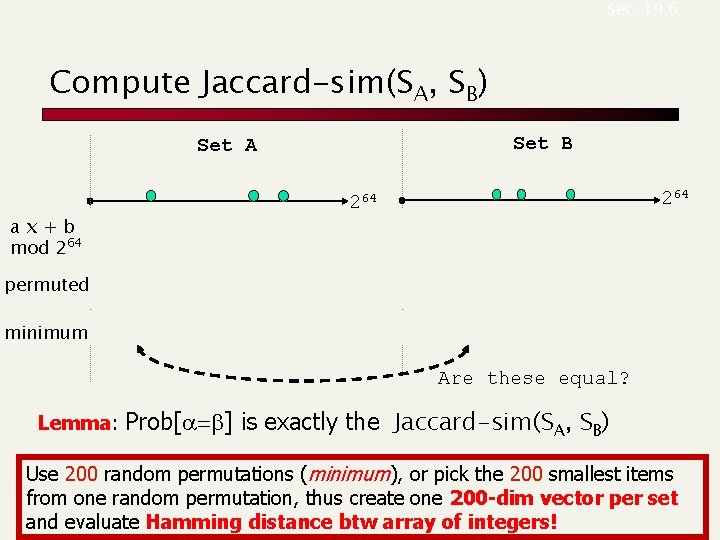 Sec. 19. 6 Compute Jaccard-sim(SA, SB) Set B Set A ax+b mod 264 permuted