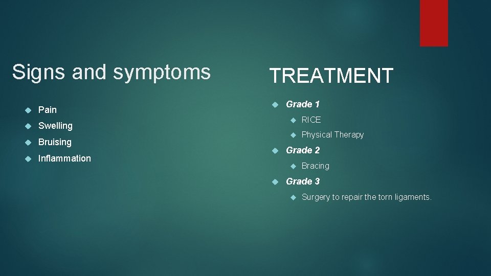 Signs and symptoms Pain Swelling Bruising Inflammation TREATMENT Grade 1 RICE Physical Therapy Grade