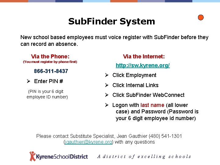 Sub. Finder System New school based employees must voice register with Sub. Finder before