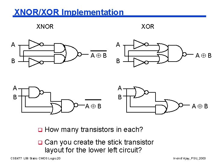 XNOR/XOR Implementation XNOR XOR A A A B B A B A B q