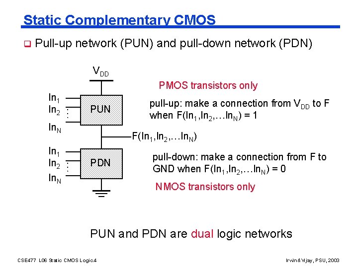 Static Complementary CMOS q Pull-up network (PUN) and pull-down network (PDN) VDD PMOS transistors