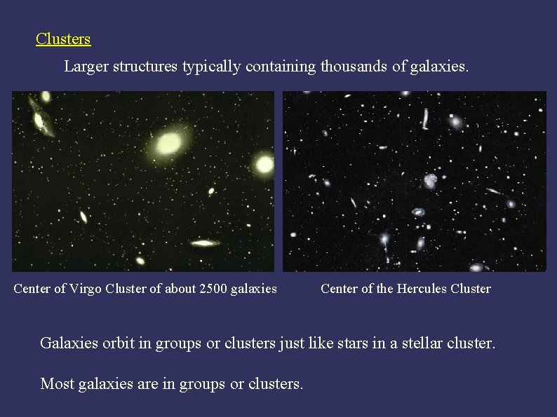 Clusters Larger structures typically containing thousands of galaxies. Center of Virgo Cluster of about