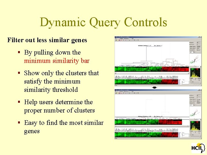 Dynamic Query Controls Filter out less similar genes § By pulling down the minimum