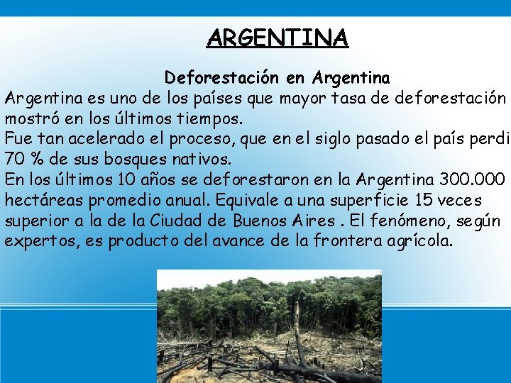 ARGENTINA Deforestación en Argentina es uno de los países que mayor tasa de deforestación