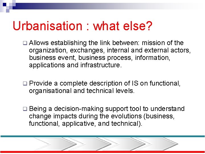 Urbanisation : what else? q Allows establishing the link between: mission of the organization,