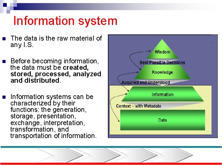 Information system n The data is the raw material of any I. S. n