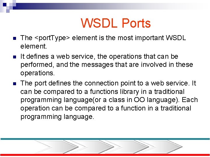 WSDL Ports n n n The <port. Type> element is the most important WSDL