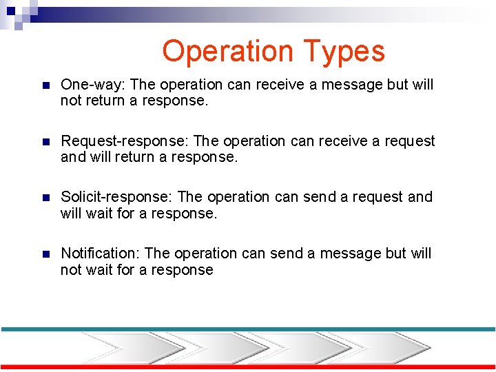 Operation Types n One-way: The operation can receive a message but will not return