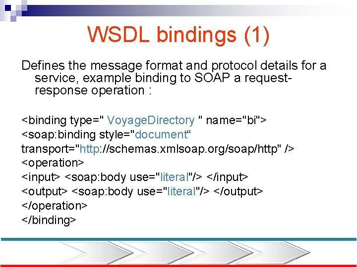 WSDL bindings (1) Defines the message format and protocol details for a service, example