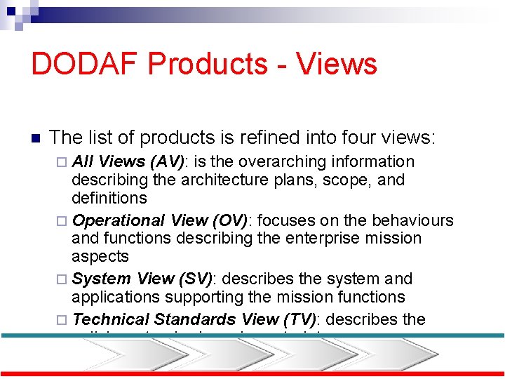 DODAF Products - Views n The list of products is refined into four views: