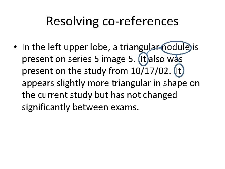 Resolving co-references • In the left upper lobe, a triangular nodule is present on Resolving co-references • In the left upper lobe, a triangular nodule is present on