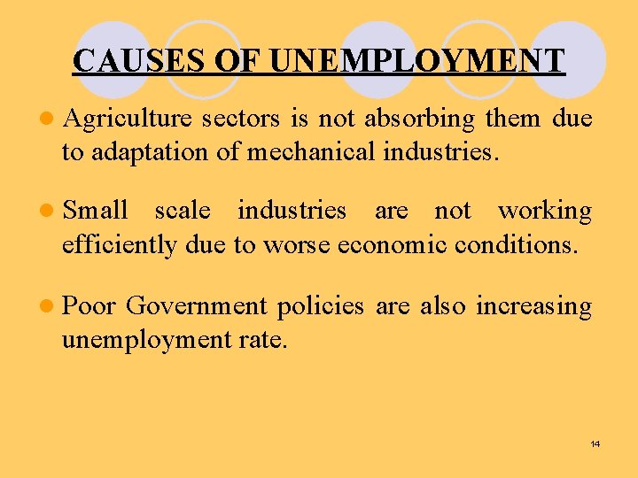 CAUSES OF UNEMPLOYMENT l Agriculture sectors is not absorbing them due to adaptation of