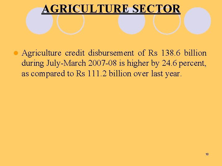 AGRICULTURE SECTOR l Agriculture credit disbursement of Rs 138. 6 billion during July-March 2007