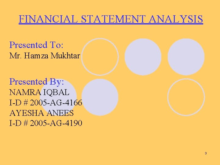 FINANCIAL STATEMENT ANALYSIS Presented To: Mr. Hamza Mukhtar Presented By: NAMRA IQBAL I-D #