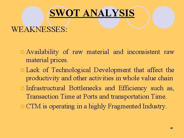 SWOT ANALYSIS WEAKNESSES: ¡ Availability of raw material and inconsistent raw material prices. ¡