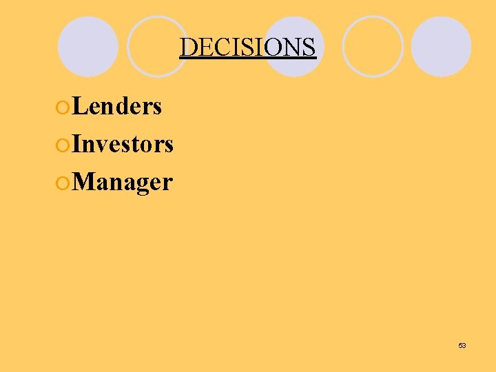 DECISIONS ¡Lenders ¡Investors ¡Manager 53 