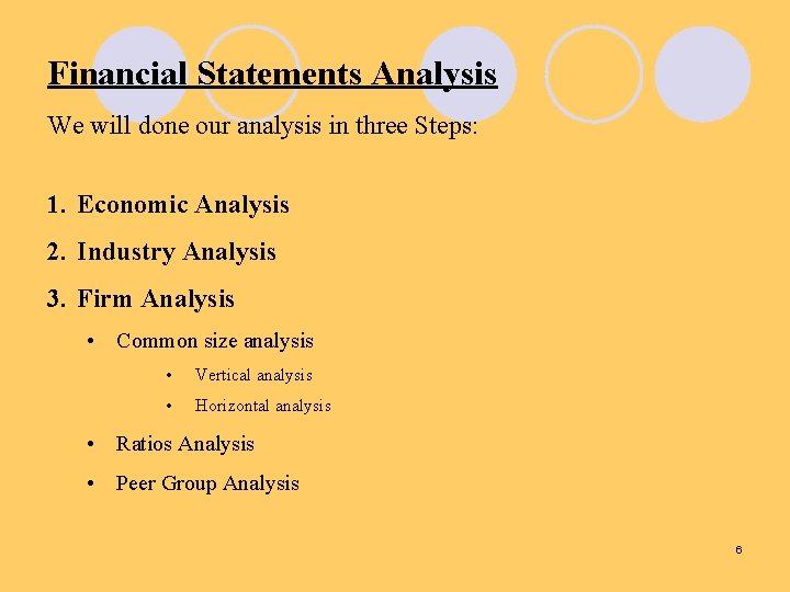 Financial Statements Analysis We will done our analysis in three Steps: 1. Economic Analysis