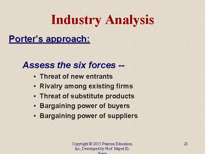 Industry Analysis Porter’s approach: Assess the six forces - • • • Threat of