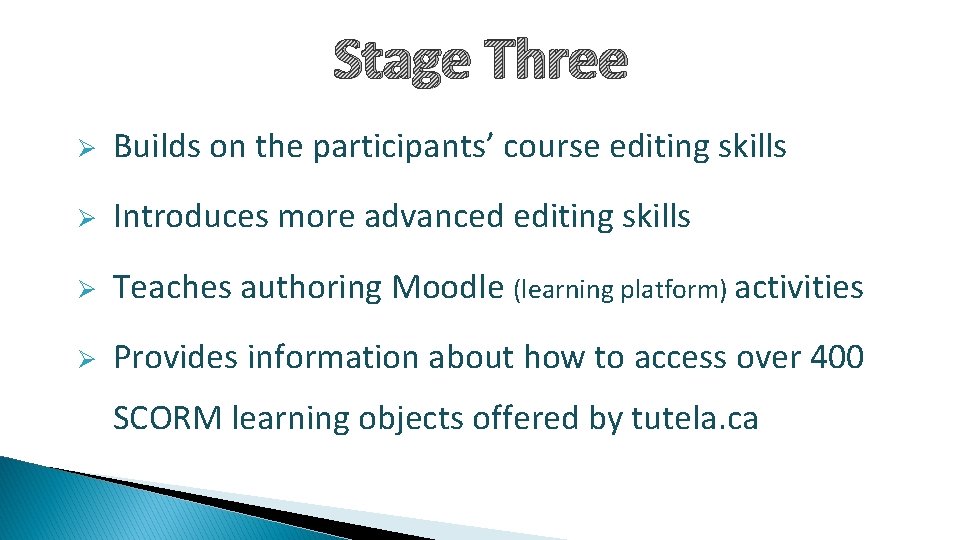 Stage Three Ø Builds on the participants’ course editing skills Ø Introduces more advanced