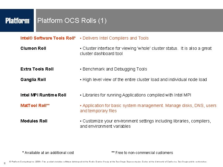 Platform OCS Rolls (1) Intel® Software Tools Roll* • Delivers Intel Compilers and Tools