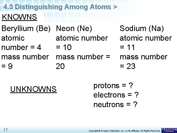 4. 3 Distinguishing Among Atoms > KNOWNS Beryllium (Be) atomic number = 4 mass