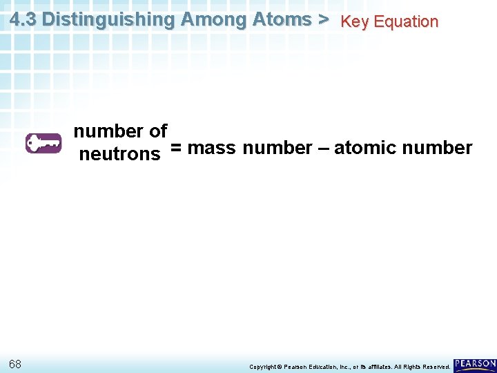 4. 3 Distinguishing Among Atoms > Key Equation number of neutrons = mass number