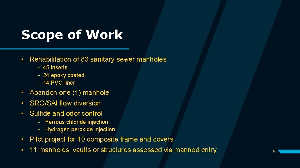 Scope of Work • Rehabilitation of 83 sanitary sewer manholes - 45 inserts -