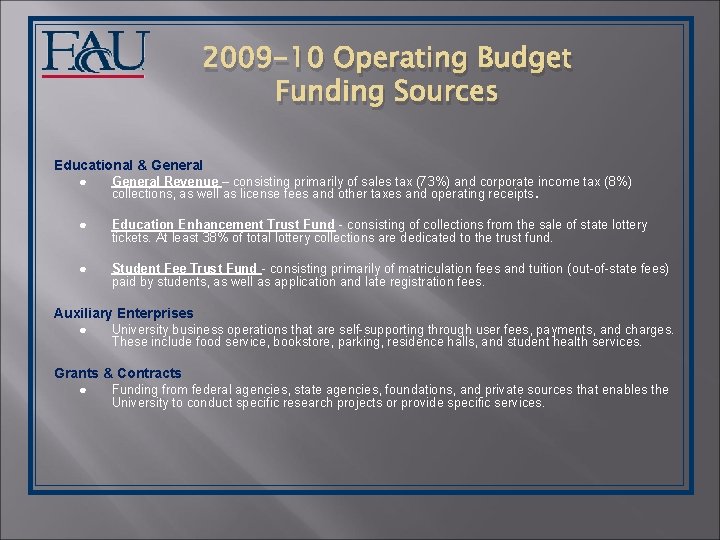 2009 -10 Operating Budget Funding Sources Educational & General ● General Revenue – consisting