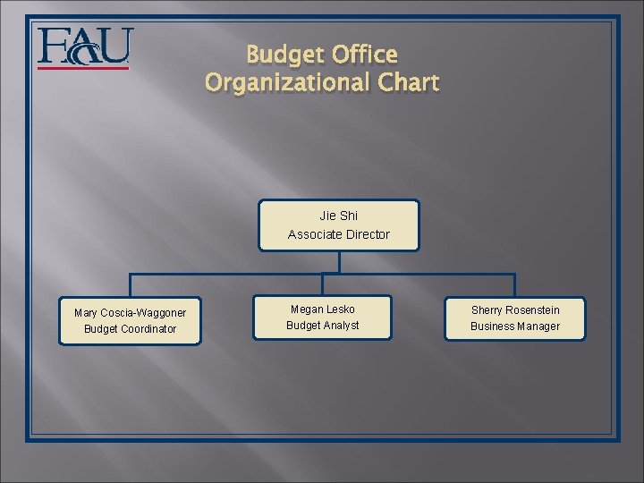 Budget Office Organizational Chart Jie Shi Associate Director Mary Coscia-Waggoner Budget Coordinator Megan Lesko