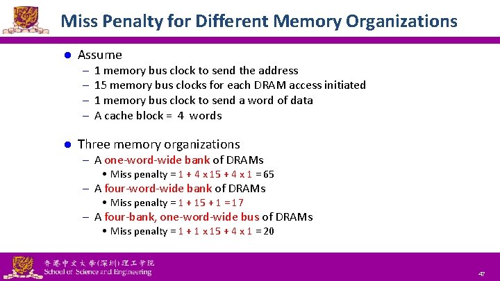 Miss Penalty for Different Memory Organizations l Assume – – l 1 memory bus