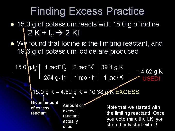 Finding Excess Practice l 15. 0 g of potassium reacts with 15. 0 g
