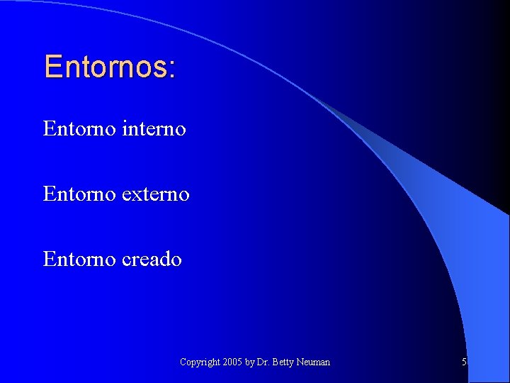 Entornos: Entorno interno Entorno externo Entorno creado Copyright 2005 by Dr. Betty Neuman 5