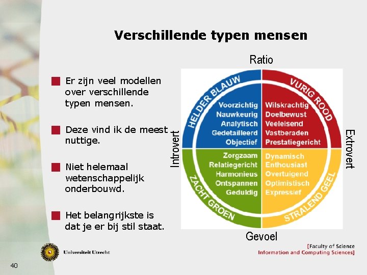 Verschillende typen mensen Ratio g Er zijn veel modellen over verschillende typen mensen. g