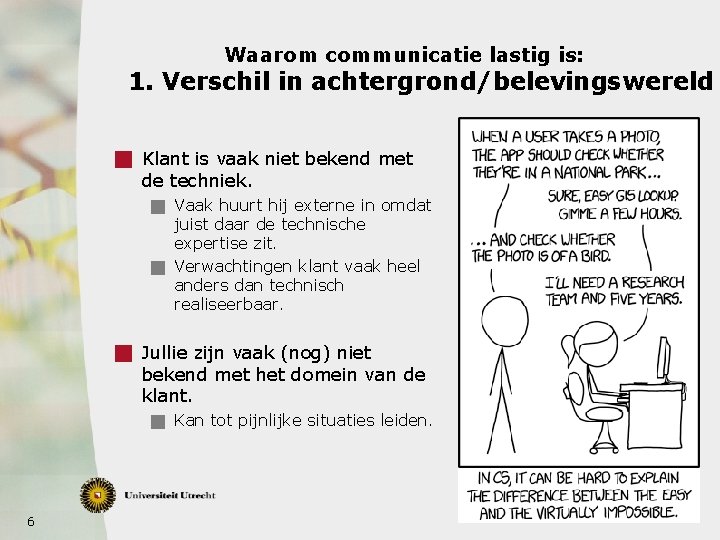 Waarom communicatie lastig is: 1. Verschil in achtergrond/belevingswereld g Klant is vaak niet bekend