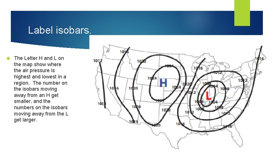 Label isobars. The Letter H and L on the map show where the air