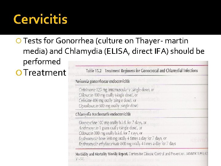 Cervicitis Tests for Gonorrhea (culture on Thayer- martin media) and Chlamydia (ELISA, direct IFA) Cervicitis Tests for Gonorrhea (culture on Thayer- martin media) and Chlamydia (ELISA, direct IFA)