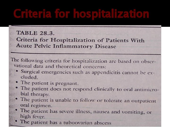 Criteria for hospitalization Criteria for hospitalization