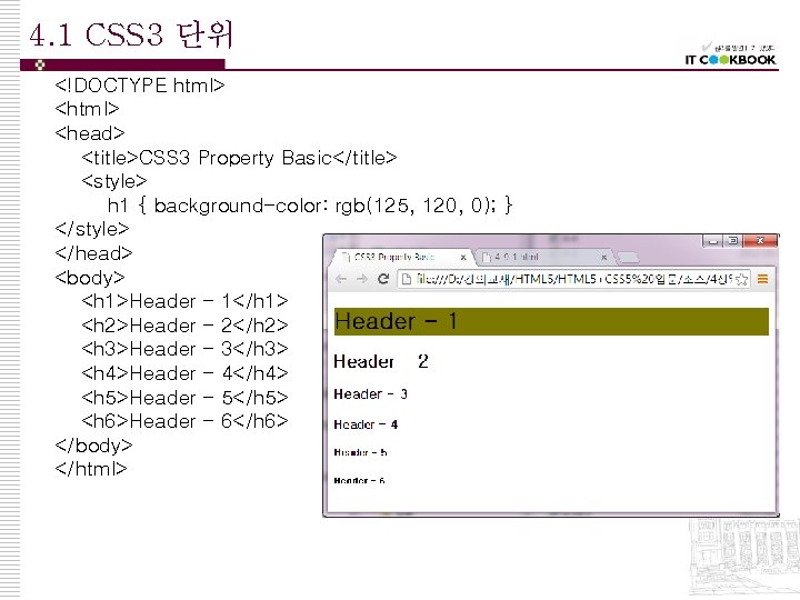 4. 1 CSS 3 단위 <!DOCTYPE html> <head> <title>CSS 3 Property Basic</title> <style> h