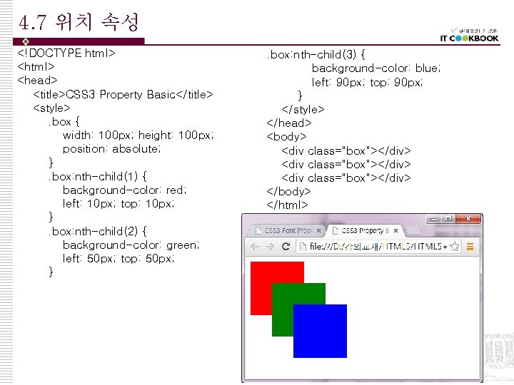 4. 7 위치 속성 <!DOCTYPE html> <head> <title>CSS 3 Property Basic</title> <style>. box {