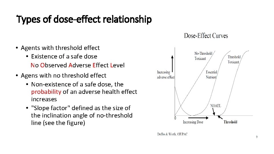 Types of dose-effect relationship • Agents with threshold effect • Existence of a safe