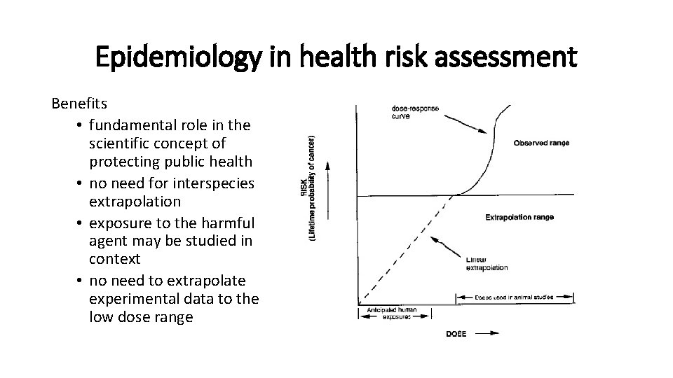 Epidemiology in health risk assessment Benefits • fundamental role in the scientific concept of