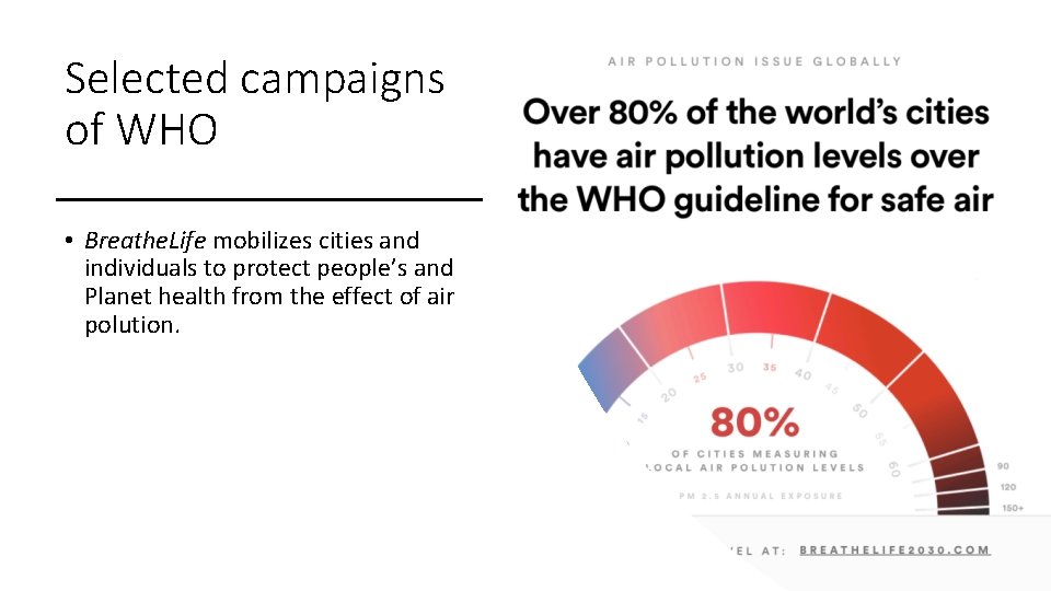 Selected campaigns of WHO • Breathe. Life mobilizes cities and individuals to protect people’s