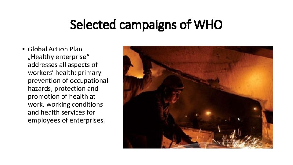 Selected campaigns of WHO • Global Action Plan „Healthy enterprise“ addresses all aspects of