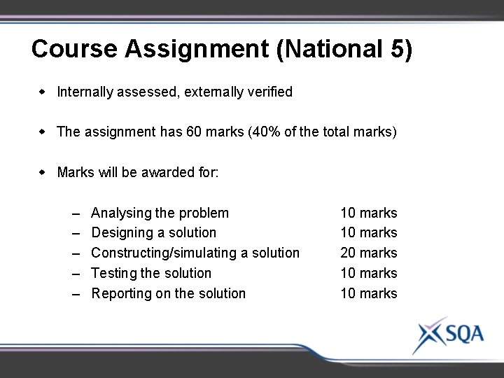 Course Assignment (National 5) w Internally assessed, externally verified w The assignment has 60